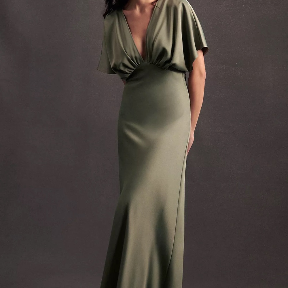 BHLDN Leila Deep-V Flutter-Sleeve Satin A-Line Gown